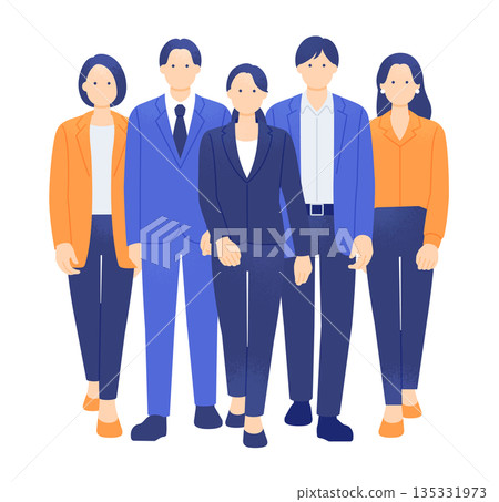 A business team of men and women working together and moving forward. Illustration material of a female leader leading the way. 135331973