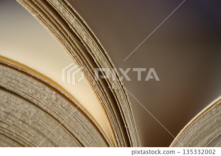 Artistic macro view of the rhythmic curves and textures of book pages 135332002