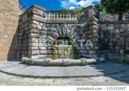 View of the Sistema delle Rampe del Poggi fountains and cascades in Florence, a historic hillside complex with ornamental water features and grottoes designed by Giuseppe Poggi in the 19th century. View of the Sistema delle Rampe del Poggi fountains and cascades in Florence, a historic hillside complex with ornamental water features and grottoes designed by Giuseppe Poggi in the 19th century. 135332007