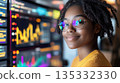 Young fintech professional in front of futuristic ESG display with holographic charts 135332330