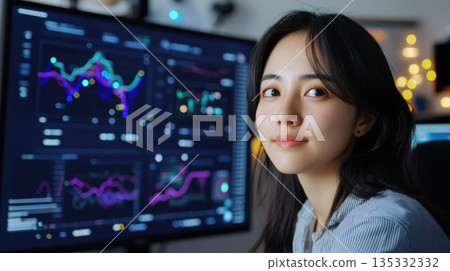 Young fintech professional confidently standing before a futuristic ESG display with holographic charts and metrics in a minimalist neon-lit office 135332332