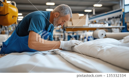 Textile worker in ethically certified workshop inspecting fabric with professionalism and dignity 135332334