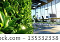 Startup team collaboration in a bright green office with a vertical garden wall and solar-powered lighting fixtures 135332338