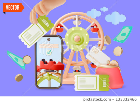 3d Color Buy Tickets Online Amusement Park with Carousels, Attractions Concept Background Cartoon Design Style. Vector illustration 135332466