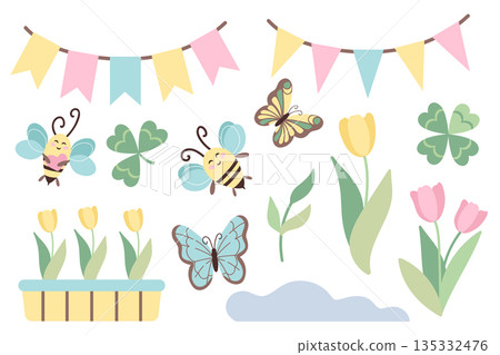 Bright summer nature. Spring set with butterflies, flowers, bees, and festive garlands. Hand-drawn illustration in a flat design style. Bright summer nature. Spring set with butterflies, flowers, bees, and festive garlands. Hand-drawn illustration in a flat design style. 135332476