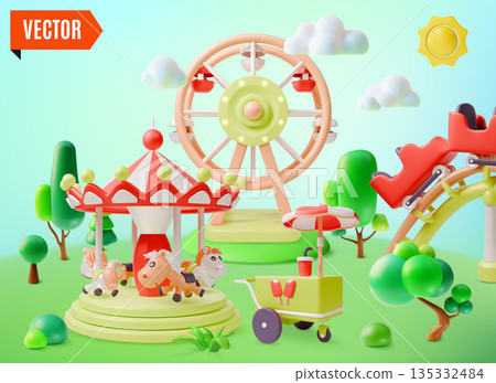 3d Amusement Park with Ferris Wheel and Street Food Stall on a Landscape Concept Cartoon Design Style. Vector illustration 135332484