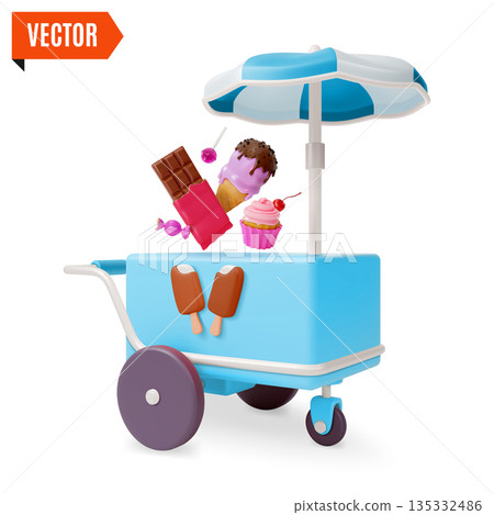 3d Colorful Ice Cream Snack Street Fast Food Market Stall with Candy and Chocolate Amusement Park Concept Cartoon Design Style. Vector illustration 135332486