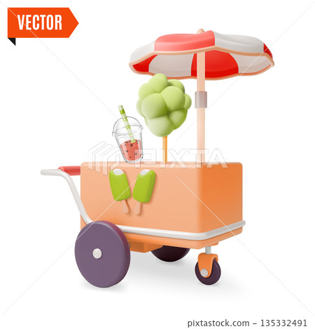 3d Colorful Ice Cream Snack Street Fast Food Market Stall with Cotton Candy and Soda Amusement Park Concept Cartoon Design Style. Vector illustration 3d Colorful Ice Cream Snack Street Fast Food Market Stall with Cotton Candy and Soda Amusement Park Concept Cartoon Design Style. Vector illustration 135332491