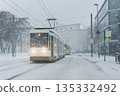 Winter city street tram heavy snowfall shows public transport operating icy condition reduced visibility. Snow covered tracks urban buildings mobility challenge safety risk harsh seasonal weather 135332492