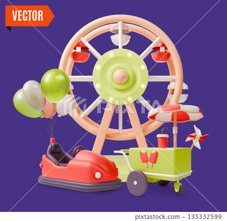 3d Amusement Park with Ferris Wheel, Electric Bumper Car and Street Food Stall Concept Background Cartoon Design Style. Vector illustration 135332599