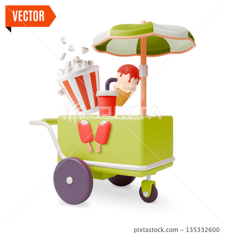 3d Colorful Ice Cream and Popcorn Bucket Snack Street Fast Food Market Stall Amusement Park Concept Cartoon Design Style. Vector illustration 3d Colorful Ice Cream and Popcorn Bucket Snack Street Fast Food Market Stall Amusement Park Concept Cartoon Design Style. Vector illustration 135332600