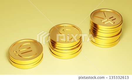 黃色背景上排列著階梯狀的歐元、美元和日圓金幣，象徵繁榮、財運亨通和日圓資產的積極累積。 135332613