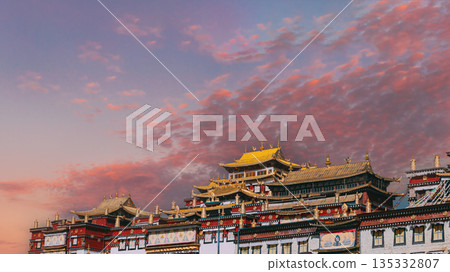Songzanlin Monastery at sunset with golden light, Shangri-La, Tibet, China 135332807