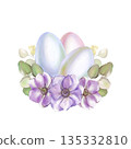 Watercolor illustration soft blue pink Easter egg with lilac anemone flowers and eucalyptus branches in high resolution on a white background. Suitable for decoration, cards, invitations pastel color. 135332810