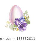 Watercolor illustration soft pink Easter egg with lilac anemone flowers and eucalyptus branches in high resolution on a white background. Suitable for decoration, cards, and invitations pastel color 135332811