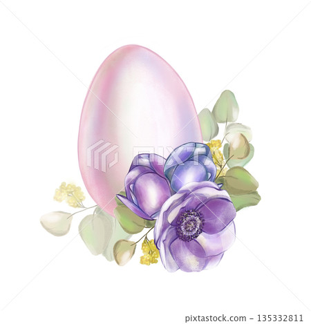 Watercolor illustration soft pink Easter egg with lilac anemone flowers and eucalyptus branches in high resolution on a white background. Suitable for decoration, cards, and invitations pastel color 135332811