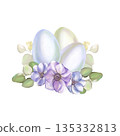 Watercolor illustration soft blue pink Easter egg with lilac anemone flowers and eucalyptus branches in high resolution on a white background. Suitable for decoration, cards, invitations pastel color. 135332813