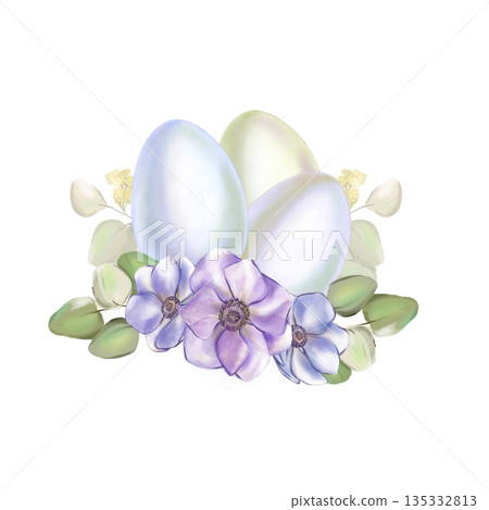 Watercolor illustration soft blue pink Easter egg with lilac anemone flowers and eucalyptus branches in high resolution on a white background. Suitable for decoration, cards, invitations pastel color. 135332813