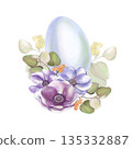 Watercolor illustration soft blue Easter egg with lilac anemone flowers and eucalyptus branches in high resolution on a white background. Suitable for decoration, cards, and invitations pastel color 135332887