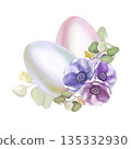 Watercolor illustration soft blue pink Easter egg with lilac anemone flowers and eucalyptus branches in high resolution on a white background. Suitable for decoration, cards, invitations pastel color. 135332930