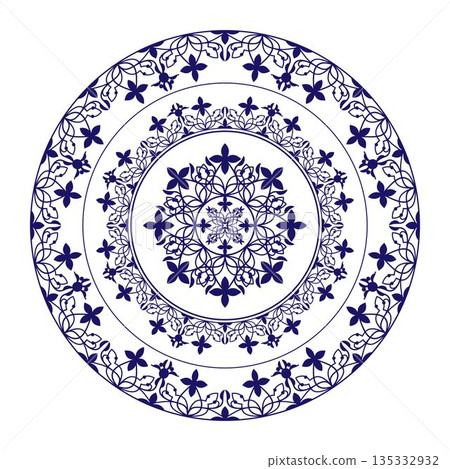 Decorative plate with floral ornament. Geometric Seamless Pattern. Detail and element for design and postcards, Sandblasting, ceramic, patchwork, Borders and frames. Vector illustration in blue color. 135332932