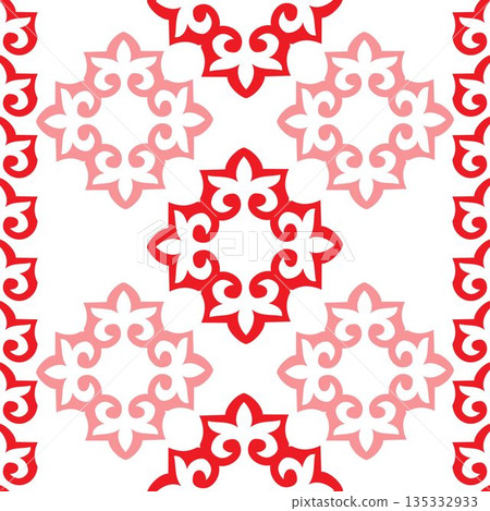 Red and white Oriental seamless pattern. Geometric Islamic Seamless Pattern. Kazakh national ornament. For design, Sandblasting, ceramic, patchwork, tile. Vector illustration. Red and white Oriental seamless pattern. Geometric Islamic Seamless Pattern. Kazakh national ornament. For design, Sandblasting, ceramic, patchwork, tile. Vector illustration. 135332933