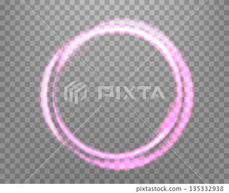Pink magic ring with glowing sparkles. Neon realistic energy flare halo ring. Abstract light effect on a transparent background. Vector illustration. 135332938