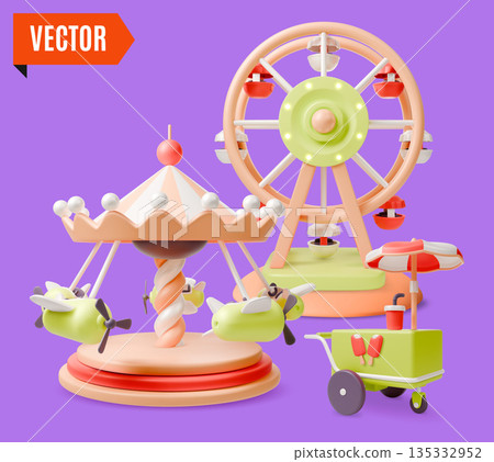 3d Amusement Park with Ferris Wheel, Carousel and Street Food Stall Concept Background Cartoon Design Style. Vector illustration 135332952