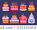 Cute set of cakes in different sizes and shapes with burning candles for birthday, wedding and holiday. Bright stickers collection of sweet cheesecakes, cupcakes, bento cakes, desserts, confectionery. 135332954