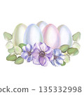 Watercolor illustration soft blue pink Easter egg with lilac anemone flowers and eucalyptus branches in high resolution on a white background. Suitable for decoration, cards, invitations pastel color. 135332998