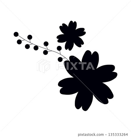 Flowers, Silhouette, Black, White, Botanical, Nature, Plant, Berries, Branch, Design, Decoration, 135333264