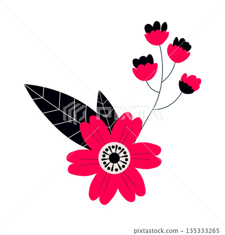 Vibrant Pink Flower and Red Buds Botanical Art 135333265