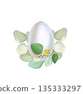 watercolor illustration of a soft blue Easter egg high-resolution with eucalyptus branches on a white background. Perfect for decoration, cards, and invitations. Pastel colors. 135333297