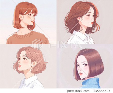 一組以柔和色彩繪製的短髮年輕女子插畫。 一組以柔和色彩繪製的短髮年輕女子插畫。 135333303