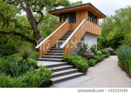Modern wooden cabin with stairs in lush garden 135333391