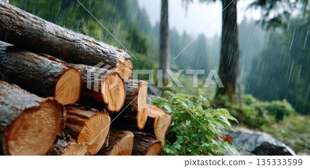 Logs stacked in a forest under falling autumn rain 135333599