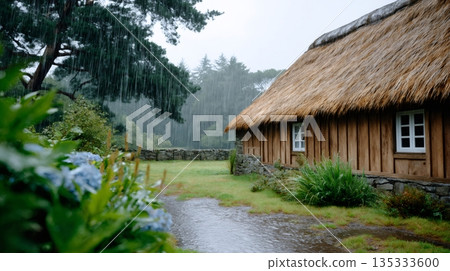 Rustic thatched cottage in pouring rain, countryside shower 135333600