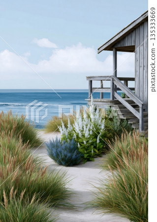 Beach house standing on sand dune overlooking ocean 135333669