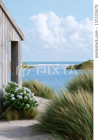 Wooden house finding tranquility on coastal dune landscape 135333670