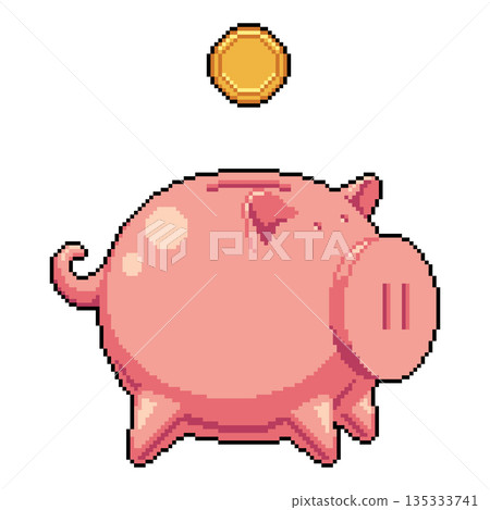 Pixel art piggy bank with coin Pixel art piggy bank with coin 135333741