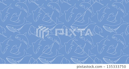 Seamless pattern with humpback whale, shark, stingray fish and killer whale on blue background in line art style. Background for marine and aquatic summer design. Seamless pattern with humpback whale, shark, stingray fish and killer whale on blue background in line art style. Background for marine and aquatic summer design. 135333750