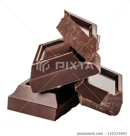 Dark chocolate chunks isolated on white background with clean minimal composition Dark chocolate chunks isolated on white background with clean minimal composition 135333943