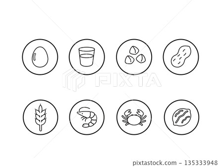 食品過敏標籤、過敏原圖示、標記、圖標 食品過敏標籤、過敏原圖示、標記、圖標 135333948