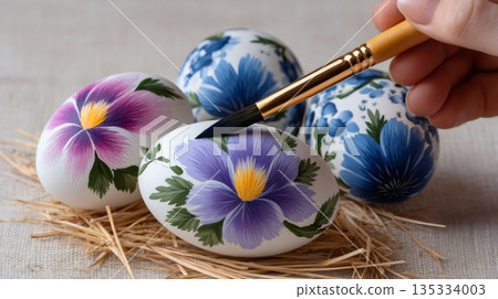 Hand painting colorful floral Easter eggs decor 135334003