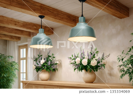 Rustic modern farmhouse interior with pendant lights and flowers 135334069