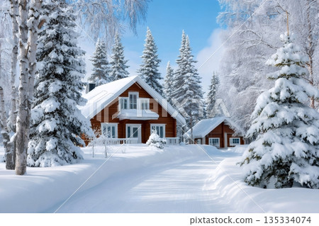 Cozy log cabins in a snowy winter forest 135334074