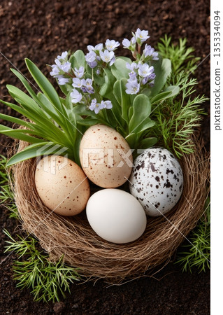 Bird nest with speckled eggs and spring flowers-插圖素材 [135334094] - PIXTA圖庫