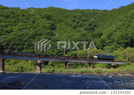 一列白眉線貨運列車(由EF64型1000號機車牽引)駛過綠意盎然的高橋川。 一列白眉線貨運列車(由EF64型1000號機車牽引)駛過綠意盎然的高橋川。 135334102