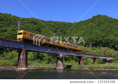 一列由兩節車廂組成的115系列車行駛在白眉線上,穿過綠意盎然的高橋川。 一列由兩節車廂組成的115系列車行駛在白眉線上,穿過綠意盎然的高橋川。 135334108