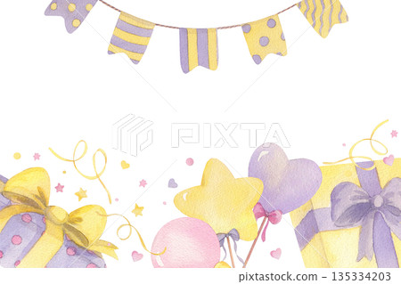 Frame of birthday cake, garland of flags, serpentines, gifts, confetti and lollipops. For packing paper, greeting cards, decoration and illustration. Frame of birthday cake, garland of flags, serpentines, gifts, confetti and lollipops. For packing paper, greeting cards, decoration and illustration. 135334203